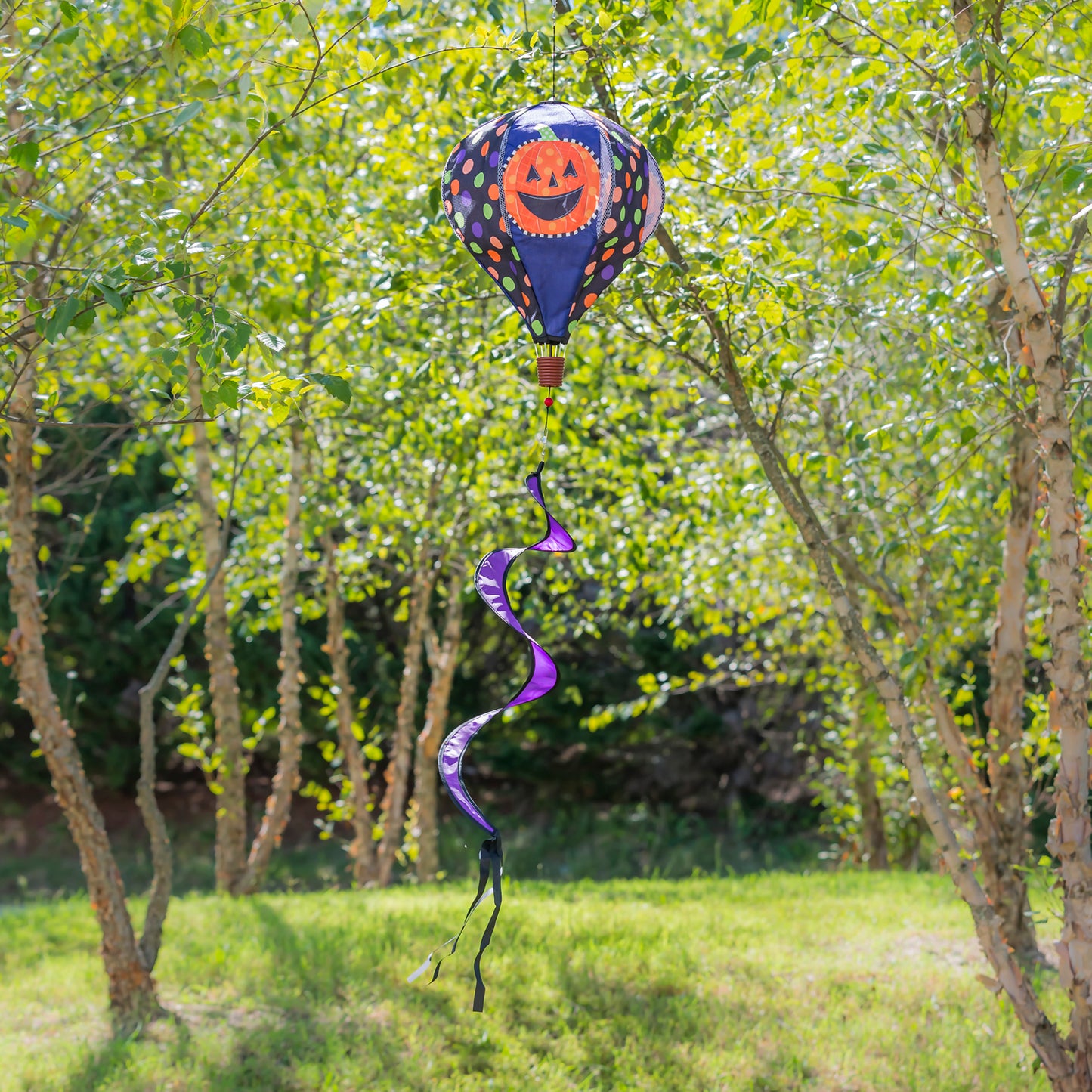 Patterned Jack-o-Lantern Burlap Hot Air Balloon Spinner; 55"Lx15" Wx15"D