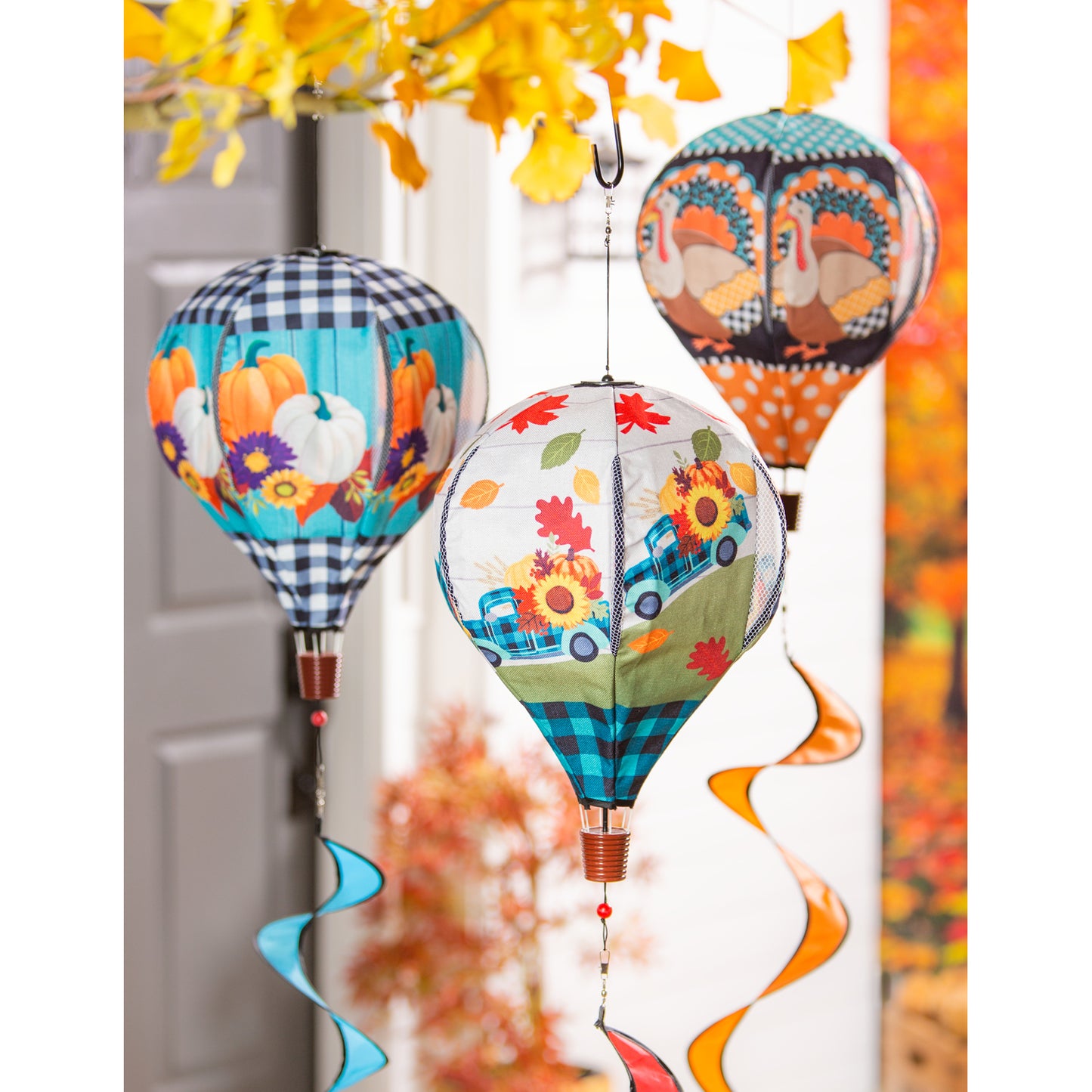 Buffalo Check Pumpkins Burlap Hot Air Balloon Spinner; 55"Lx15" Wx15"D