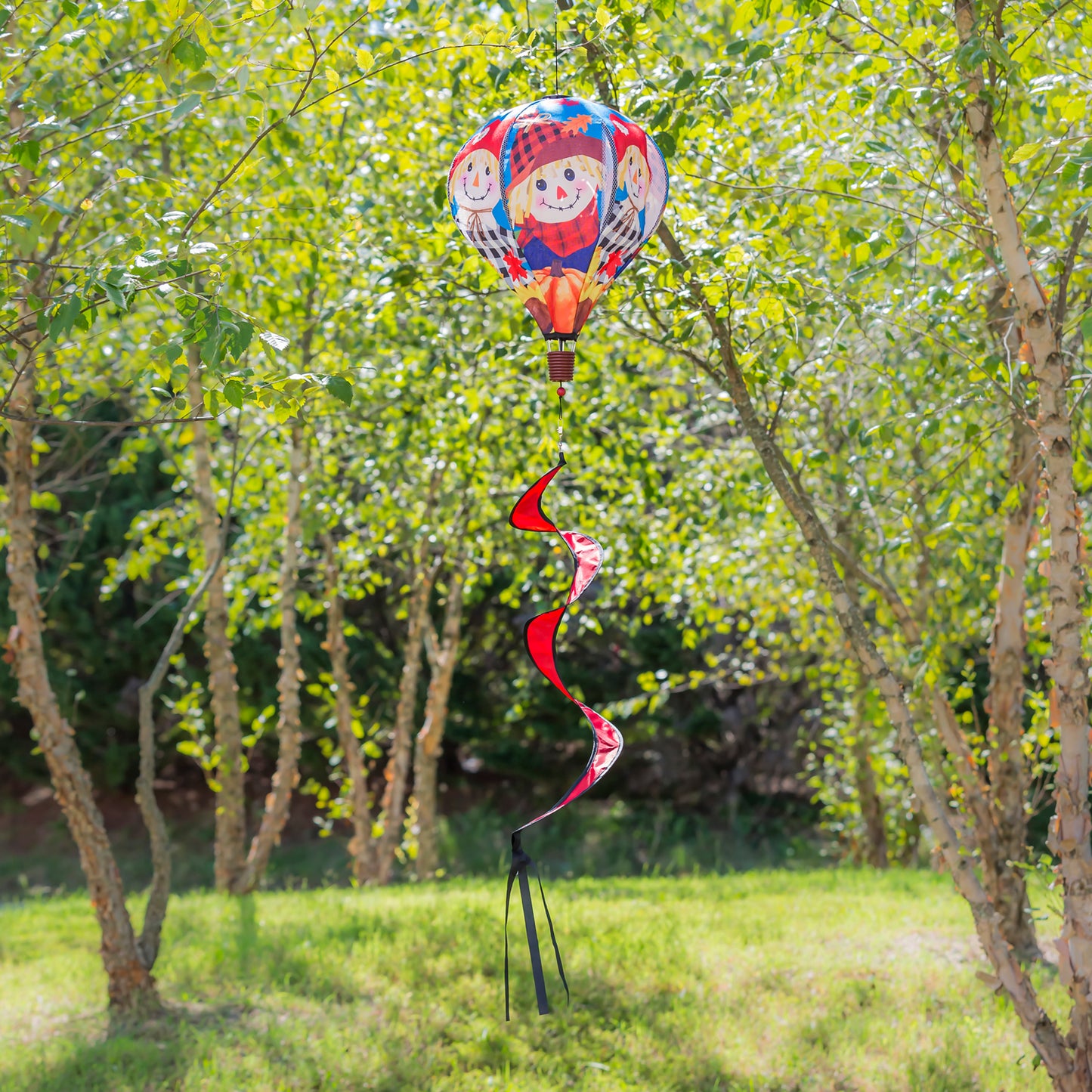 Happy Scarecrow Burlap Hot Air Balloon Spinner; 55"Lx15" Wx15"D