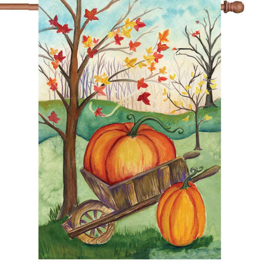 "Pumpkin in a Wheelbarrow" Printed Seasonal House Flag; Polyester