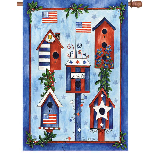 "Red, White, & Blue Patriotic Birdhouse" Printed Seasonal House Flag; Polyester