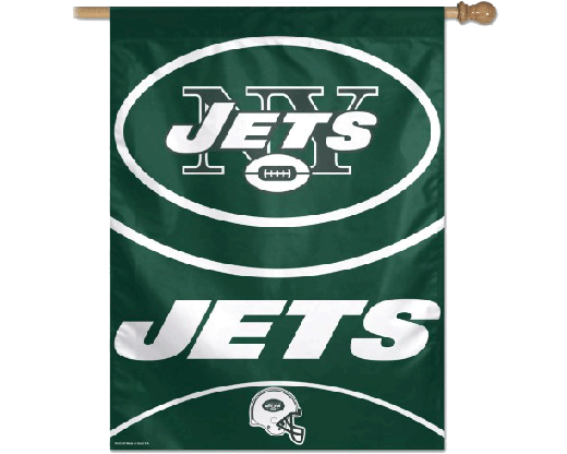 A green rectangular flag featuring the New York Jets logo, which includes a stylized 'NY' and the team's name with a football icon.