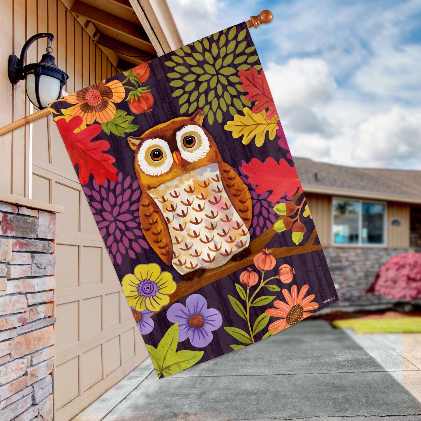 Fall Floral Owl House Flag