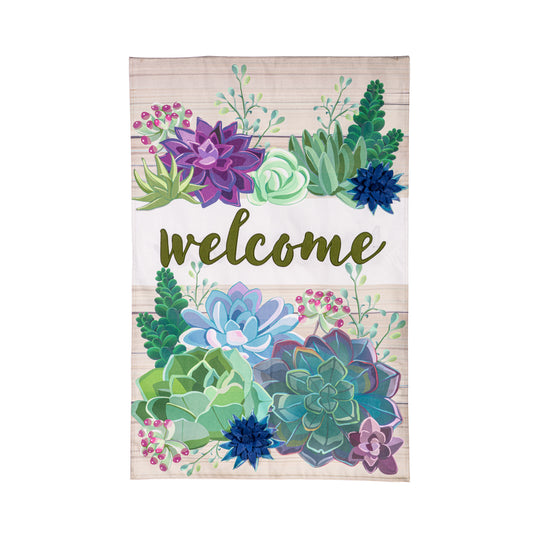 Succulent Welcome Burlap House Flag; Polyester 28"x44"