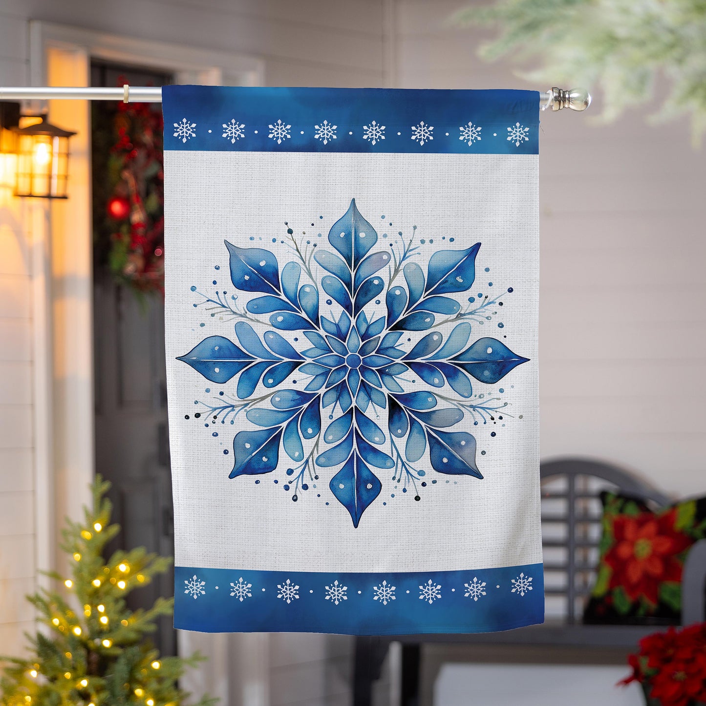 Sparkling Snowflake Printed Burlap House Flag; Polyester 28"x44"