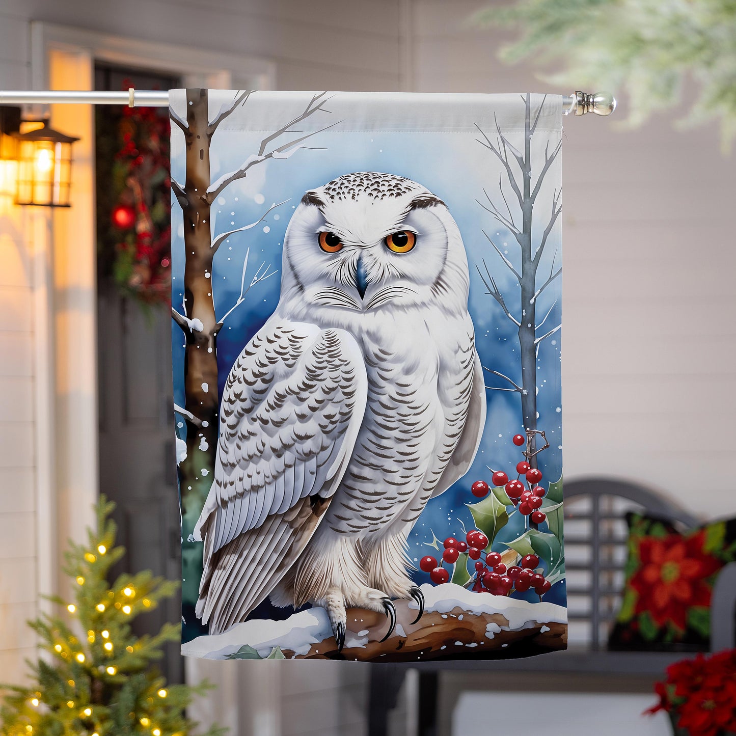 Snow Owl Printed Burlap House Flag; Polyester 28"x44"