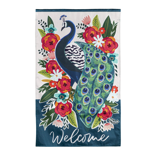 Floral Peacock Printed House Flag; Linen-Polyester 28"x44"