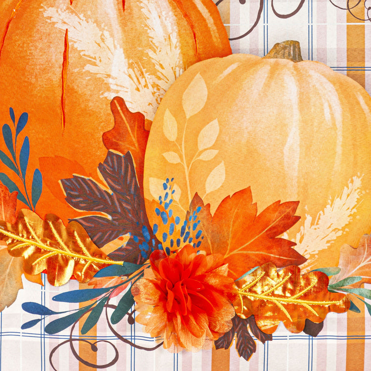 Plaid Pumpkin Greetings Printed Embellished House Flag; Linen-Polyester 28"x44"