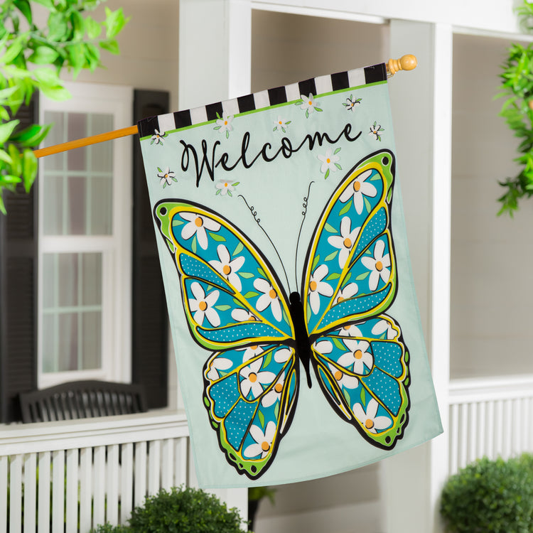 Floral Butterfly Welcome House Flag; Linen-Polyester 28"x44"
