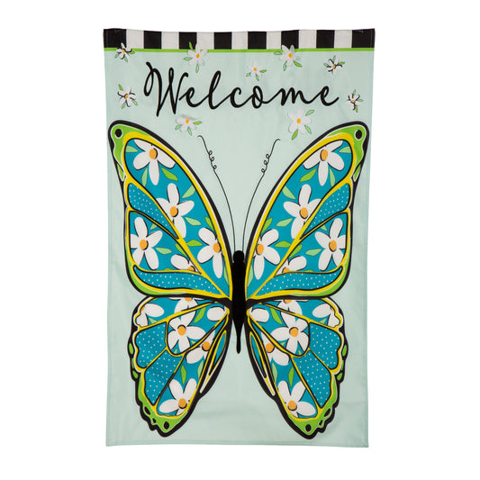 Floral Butterfly Welcome House Flag; Linen-Polyester 28"x44"