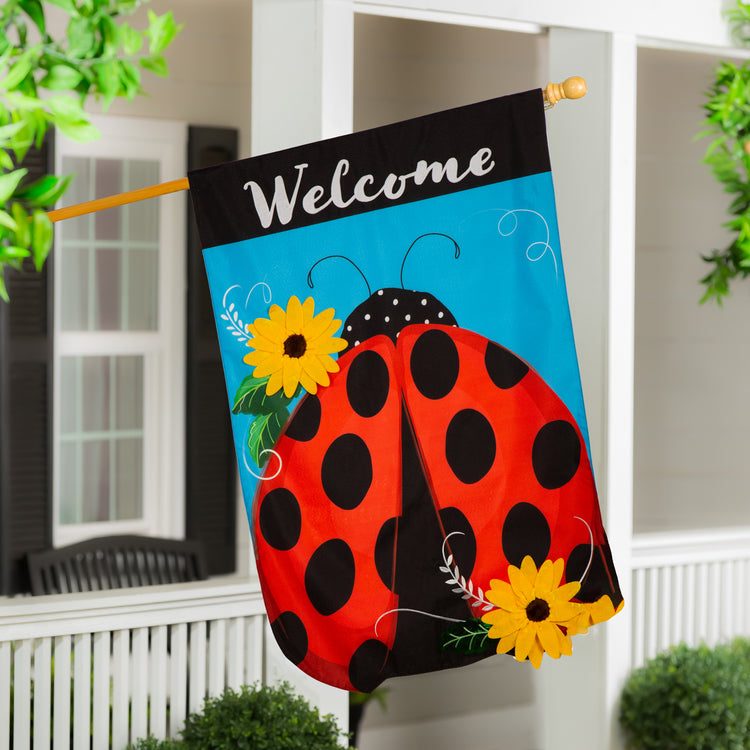 Ladybug Welcome House Flag; Linen-Polyester 28"x44"