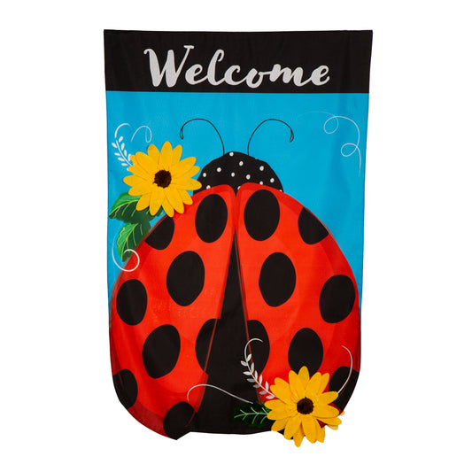 Ladybug Welcome House Flag; Linen-Polyester 28"x44"