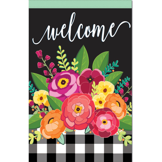Floral Welcome Check House Flag; Linen-Polyester 28"x44"