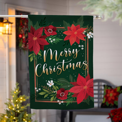 Floral Merry Christmas Lustre House Flag; Polyester 29"x43"