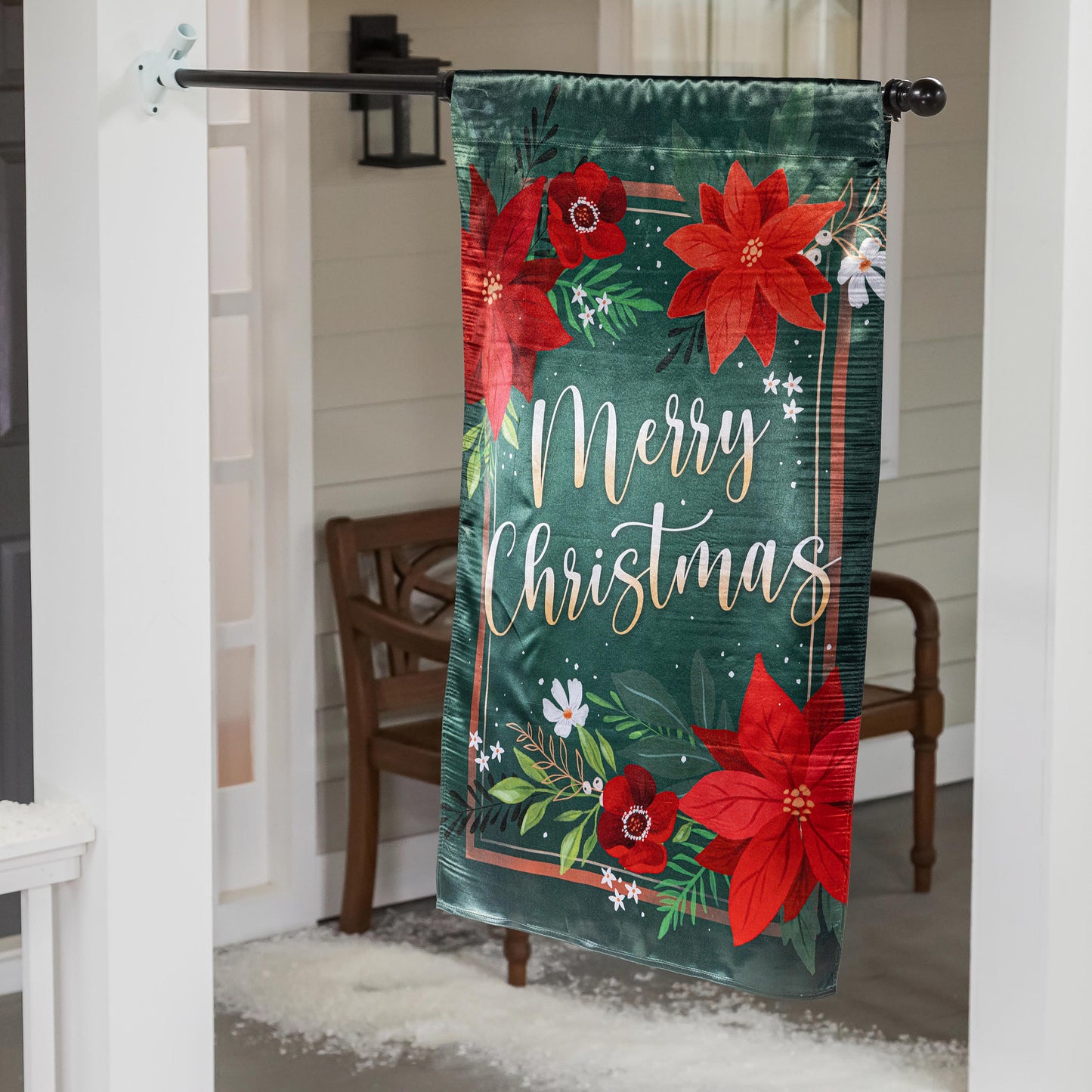 Floral Merry Christmas Lustre House Flag; Polyester 29"x43"