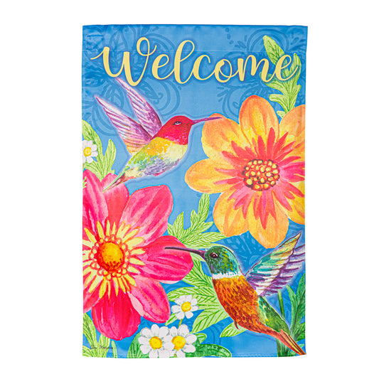 Colorful Hummingbird and Flowers Suede House Flag; Polyester 29"x43"
