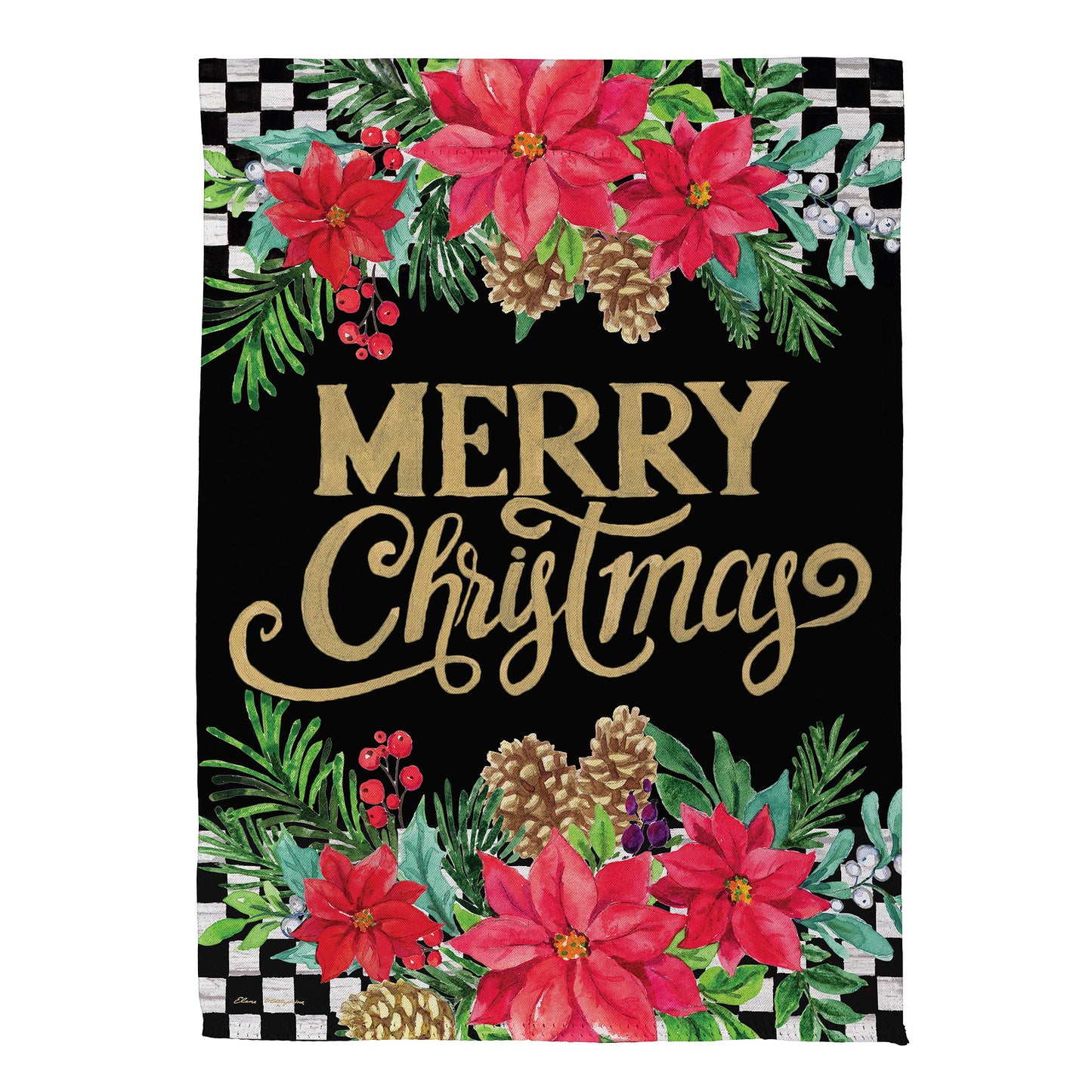 Floral Checkered Merry Christmas Suede House Flag; Polyester 29"x43"
