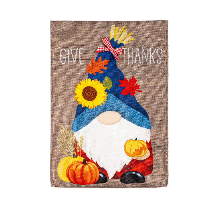 Give Thanks Fall Gnome Printed Burlap Garden Flag; Polyester 12.5"x18"