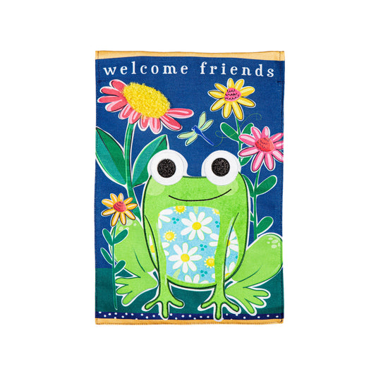 Welcome Friends Frog Printed Burlap Garden Flag; Polyester 12.5"x18"