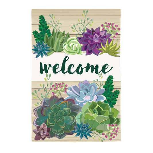 Succulent Welcome Printed Burlap Garden Flag; Polyester 12.5"x18"