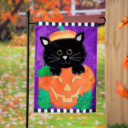 Jack O'Lantern & Black Cat Burlap Garden Flag; Polyester 12.5"x18"