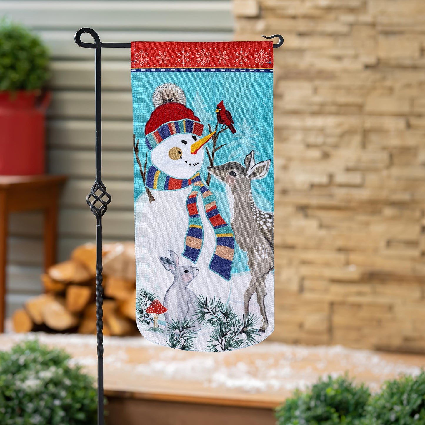 Woodland Snowman Everlasting Impressions Garden Flag; Polyester-Linen Blend 12.5"x28"