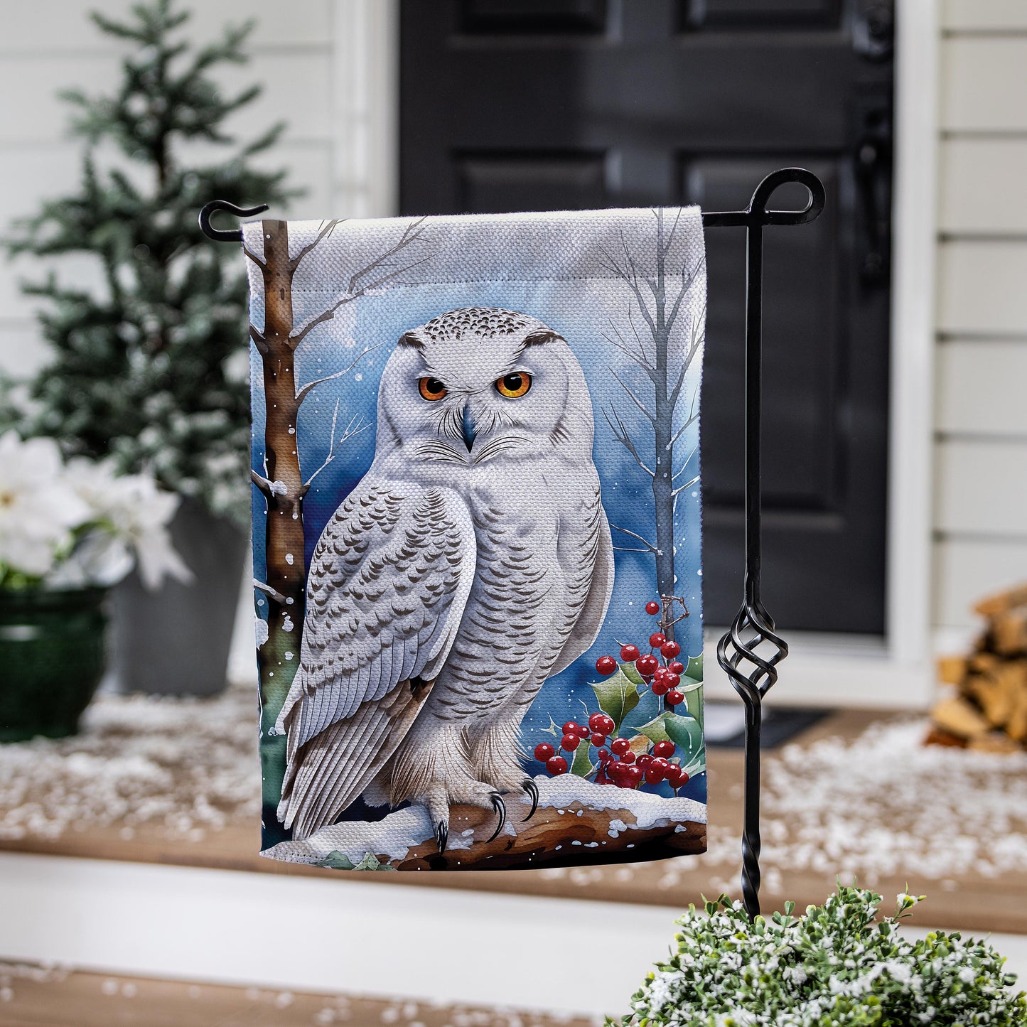 Snow Owl Burlap Garden Flag; Polyester 12.5"x18"
