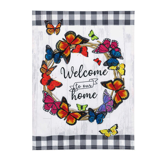 Butterfly Welcome Wreath Garden Flag