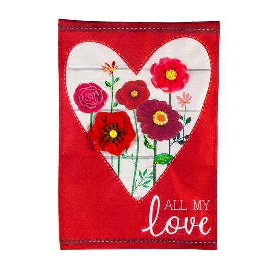 Heart of Flowers Garden Flag; Linen Textured Polyester 12.5"x18"