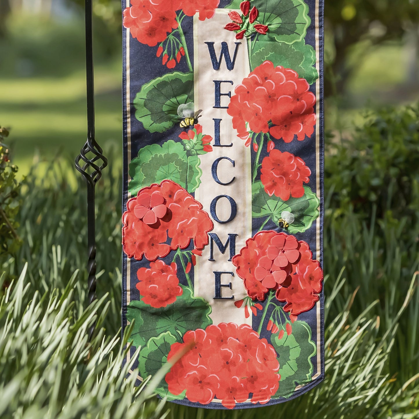 Geranium Welcome Printed Everlasting Impressions Garden Flag; Polyester-Linen Blend 12.5"x28"