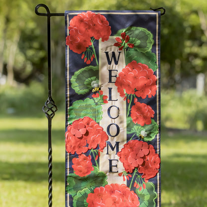 Geranium Welcome Printed Everlasting Impressions Garden Flag; Polyester-Linen Blend 12.5"x28"