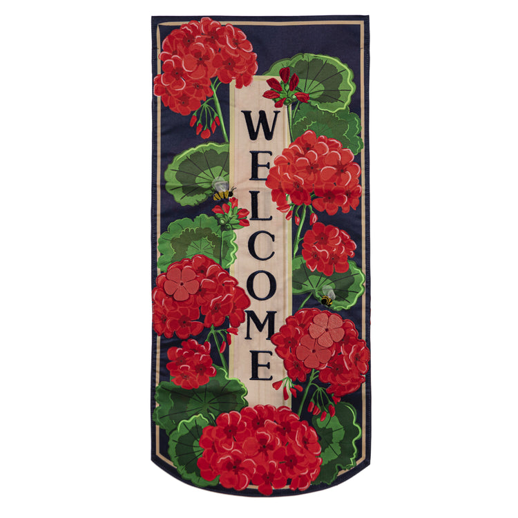 Geranium Welcome Printed Everlasting Impressions Garden Flag; Polyester-Linen Blend 12.5"x28"