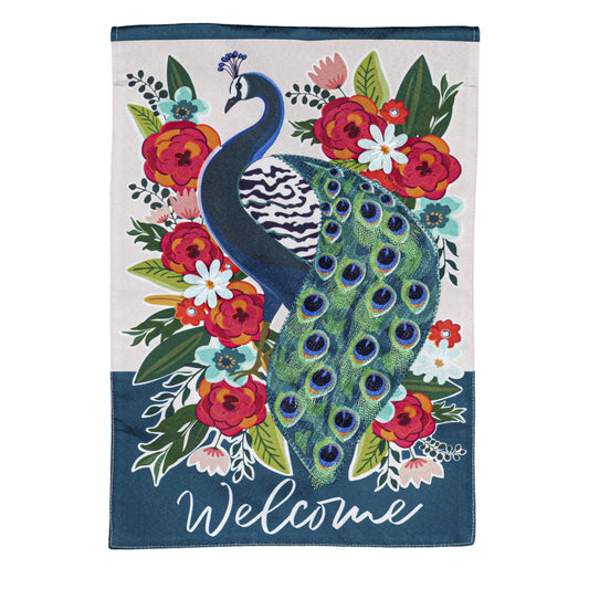 Floral Peacock Garden Flag; Linen Textured Polyester 12.5"x18"