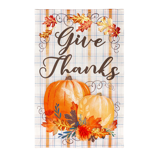 Plaid Give Thanks Pumpkin Greeting Garden Flag; Linen Textured Polyester 12.5"x18"