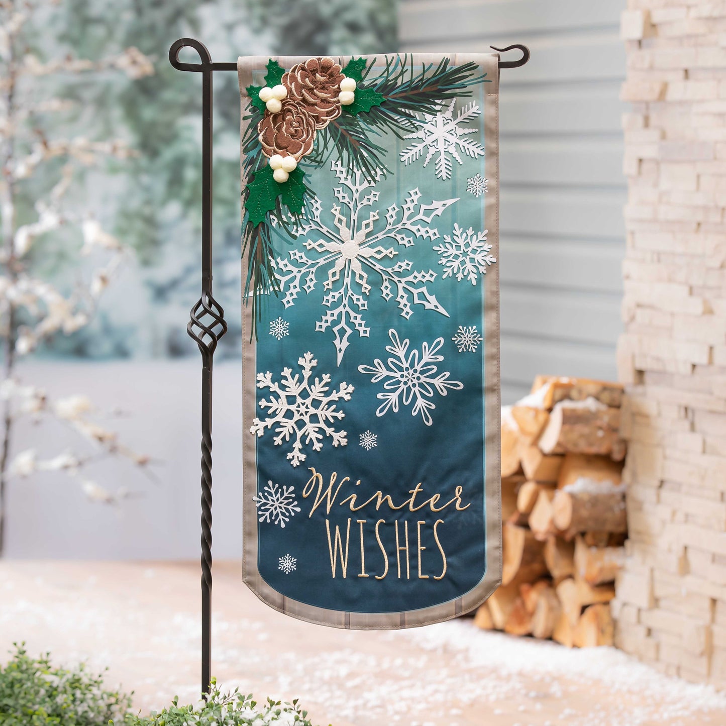 Winter Wishes Snowflake Everlasting Impressions Garden Flag; Polyester-Linen Blend 12.5"x28"