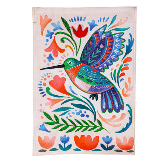 Patterned Hummingbird Garden Flag; Textured Linen-Polyester 12.5"x18"