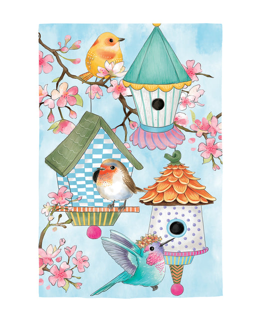 Birdhouse & Birds on Cherry Blossoms Garden Flag; Linen-Polyester 12.5"x18"