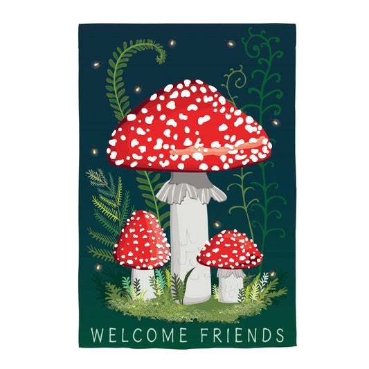 Welcome Friends Mushroom Garden Flag; Linen Textured Polyester 12.5"x18"