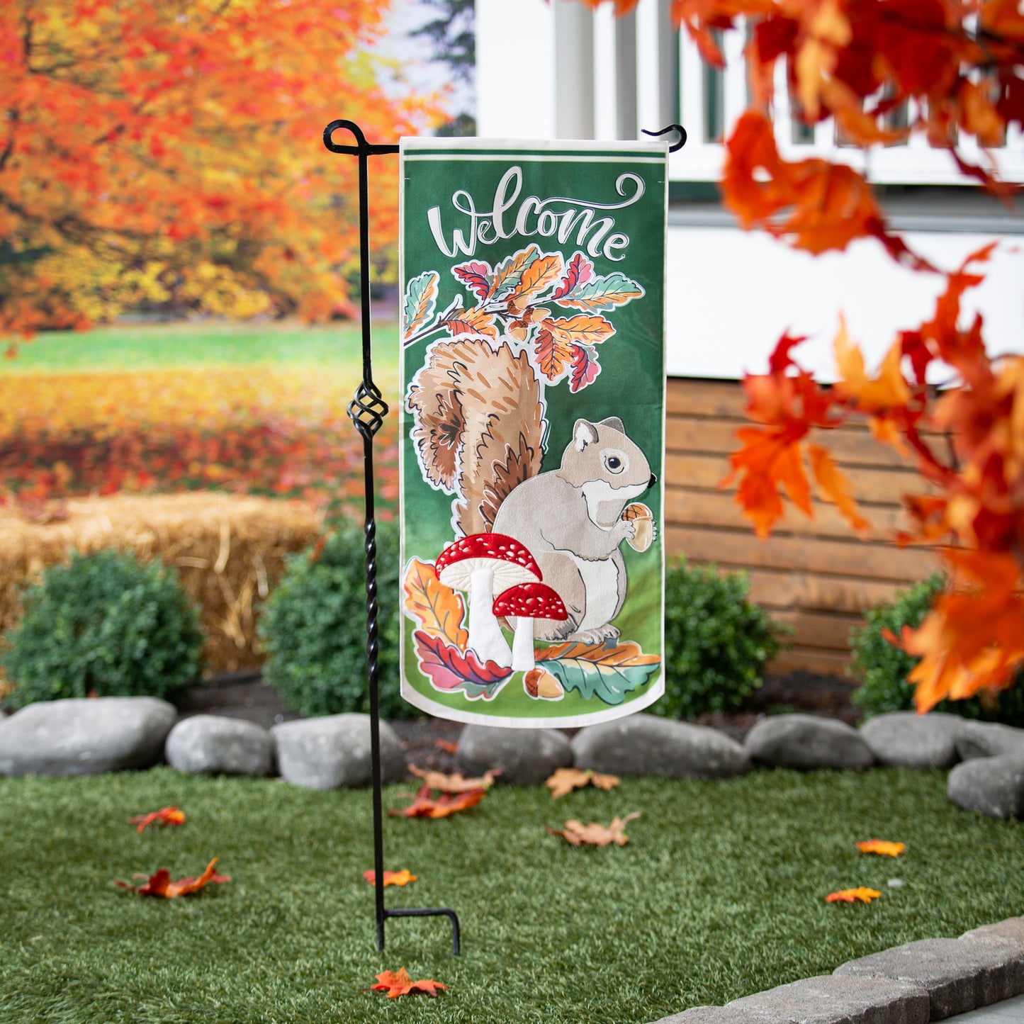 Fall Woodland Welcome Everlasting Impressions Garden Flag; Polyester-Linen Blend 12.5"x28"