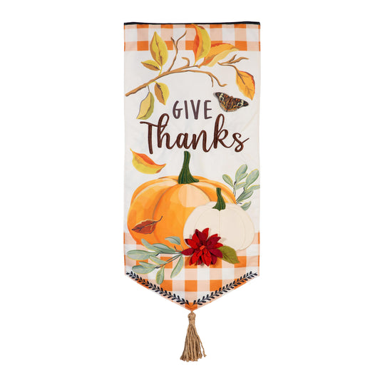 Give Thanks Pumpkins Everlasting Impressions Garden Flag; Polyester-Linen Blend 12.5"x28"