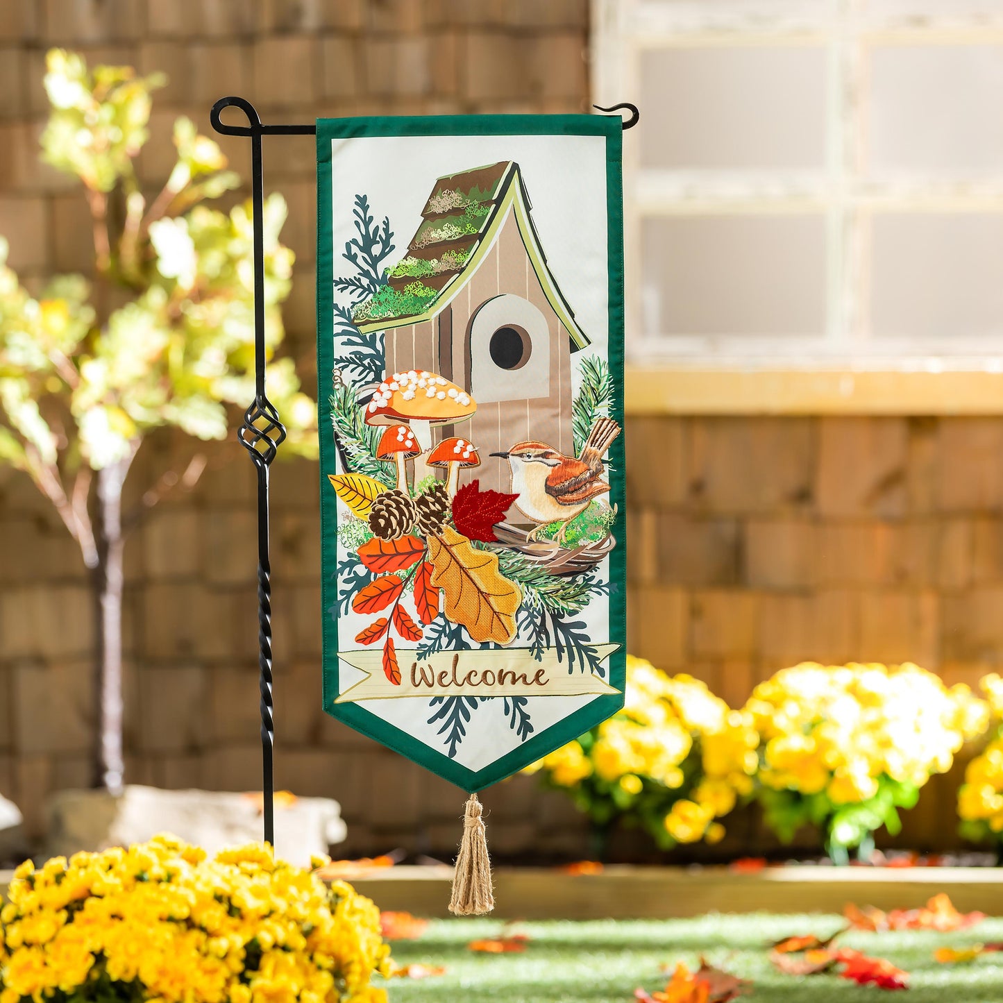 Fall Woodland Birdhouse Everlasting Impressions Garden Flag; Polyester-Linen Blend 12.5"x28"