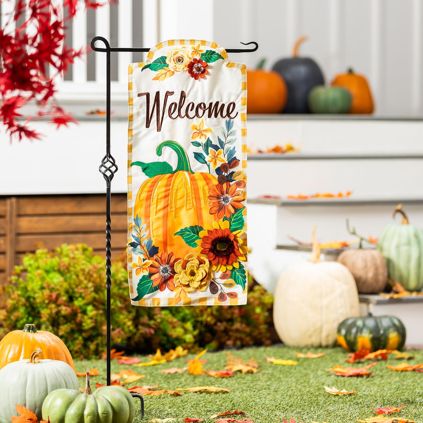 Fall Floral Pumpkin Everlasting Impressions Garden Flag; Polyester-Linen Blend 12.5"x28"