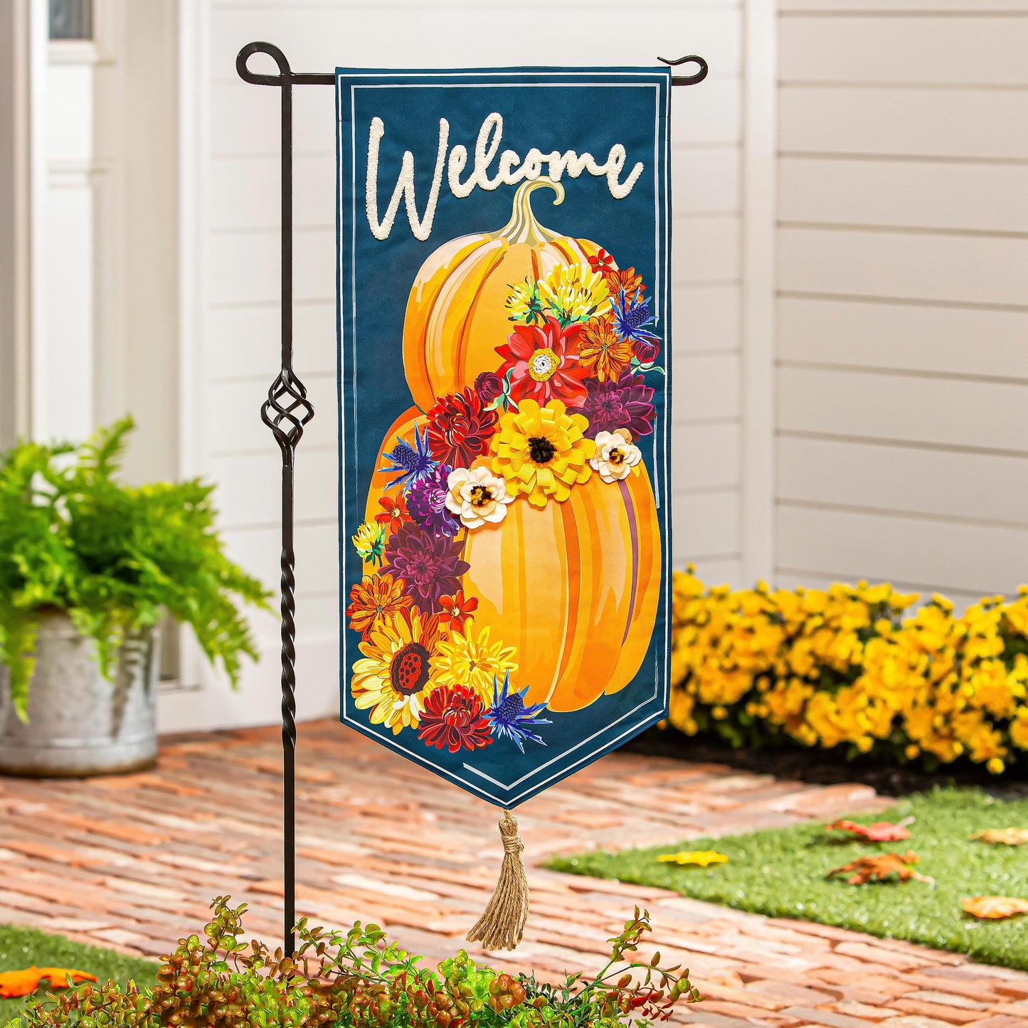 Floral Wrapped Pumpkin Everlasting Impressions Garden Flag; Polyester-Linen Blend 12.5"x28"