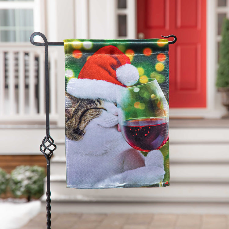 Christmas Cat with Wine Lustre Garden Flag; Linen Polyester 12.5"x18"