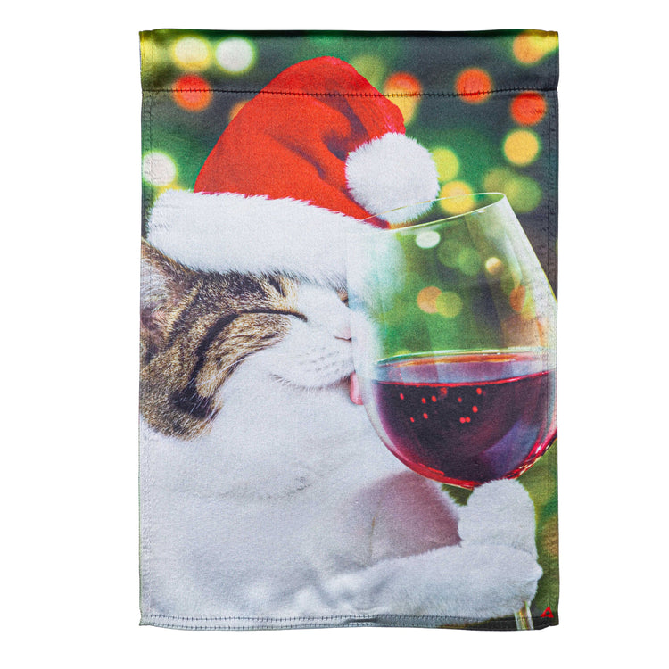 Christmas Cat with Wine Lustre Garden Flag; Linen Polyester 12.5"x18"