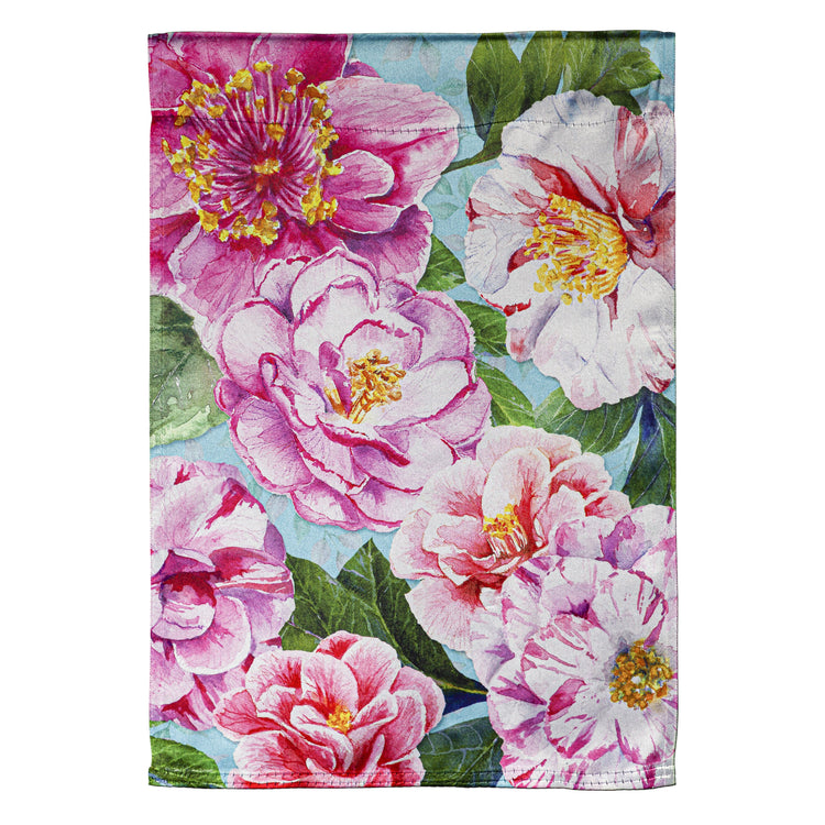 Pink Camellias Lustre Garden Flag; Linen Polyester 12.5"x18"