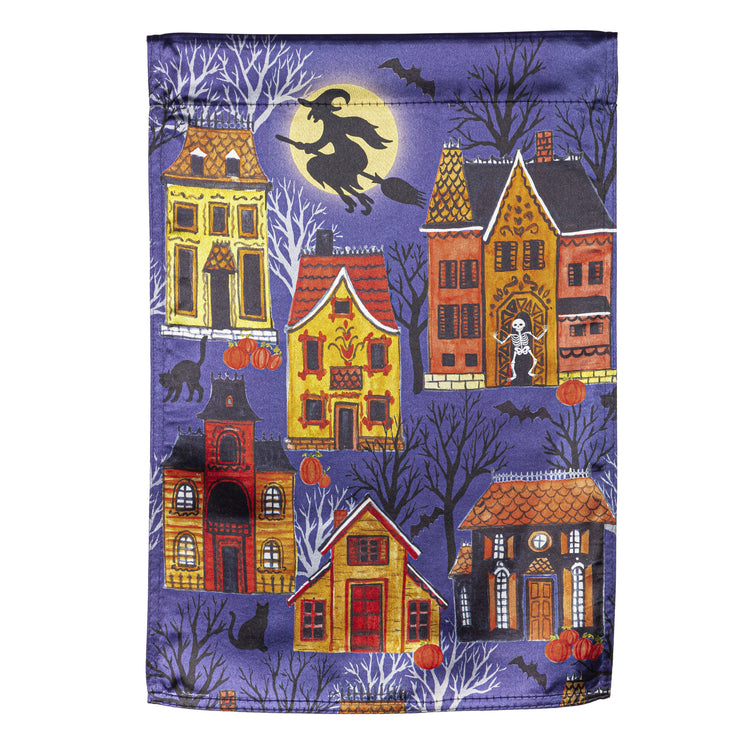 Halloween Village Printed Lustre Garden Flag; Linen Polyester 12.5"x18"