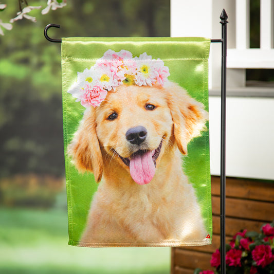 Golden Lab with Flower Crown Lustre Garden Flag; Polyester 12.5"x18"