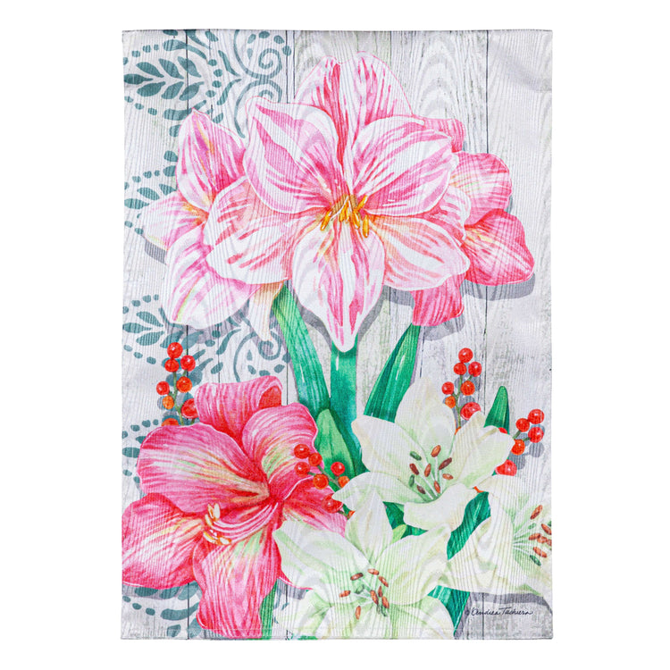 Pink Amaryllis Printed Moire Garden Flag; Polyester 12.5"x18"