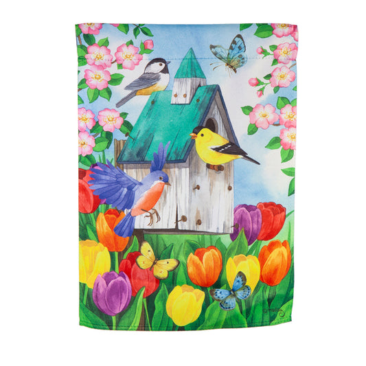 Birdhouse Blooms Suede Garden Flag; Polyester 12.5"x18"
